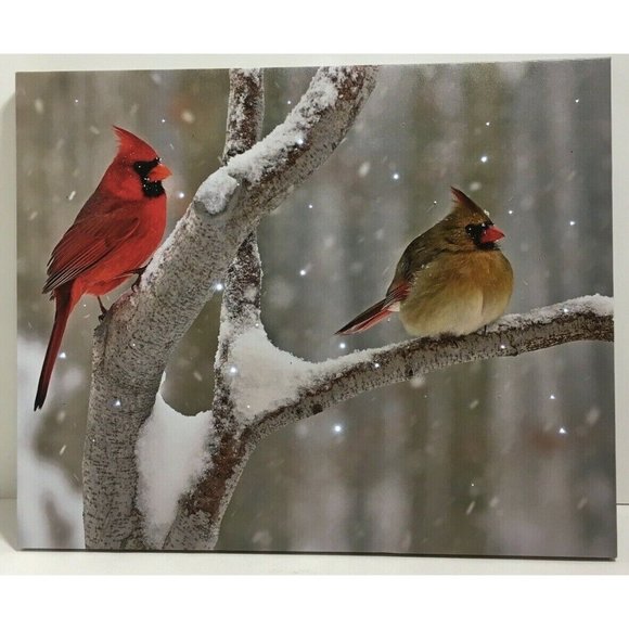 Canvas Picture Winter Cardinals On Branch Lighted LED Art Home Decor 17 x 13.75 - Picture 1 of 4